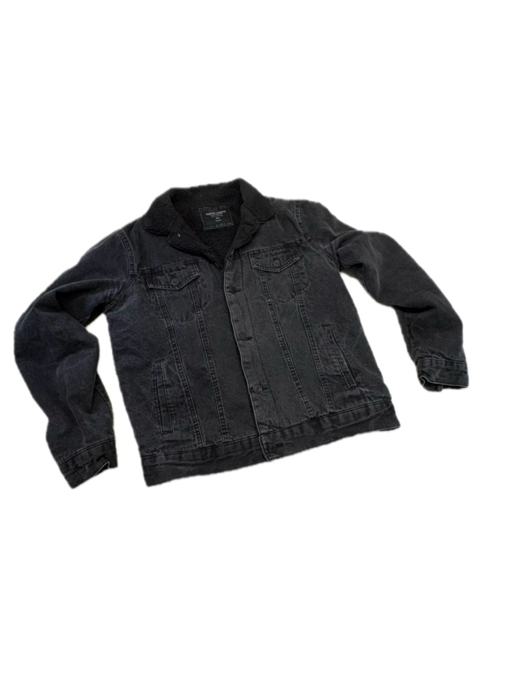 Sunrise Kingdom Faded Black Denim Sherpa Lined Trucker Jacket Mens Size Small